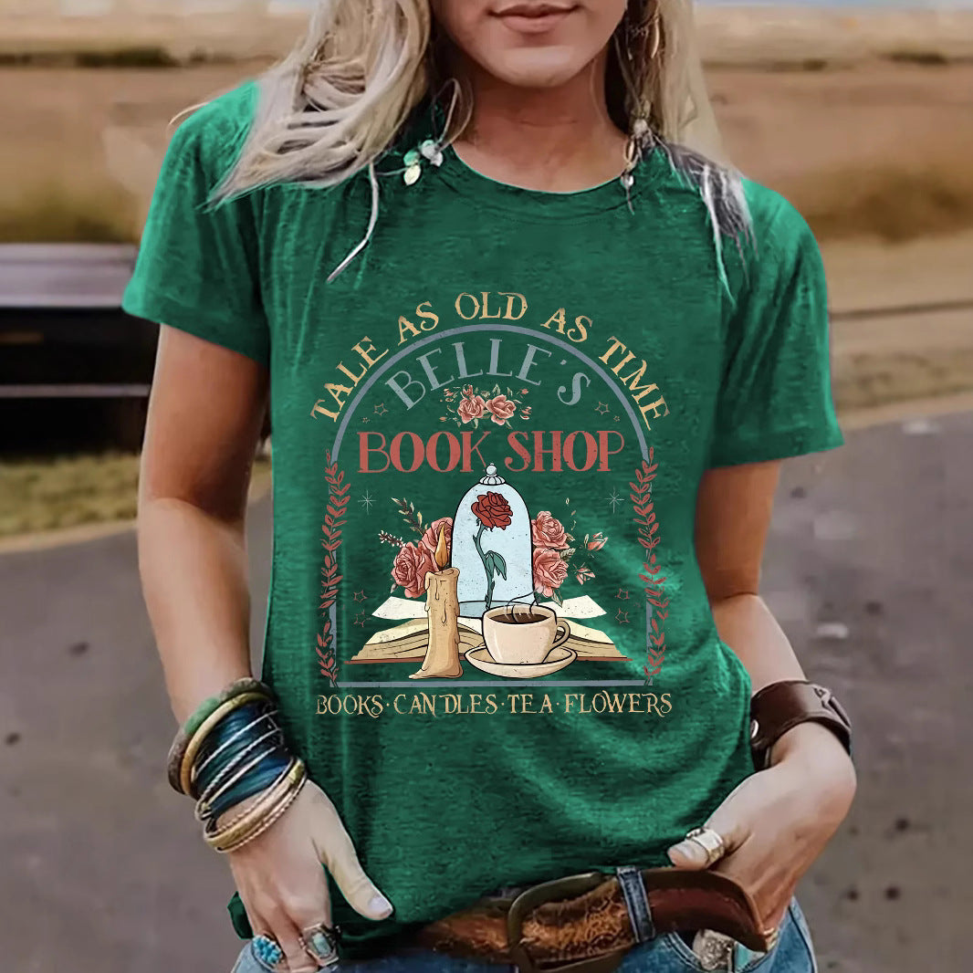 BOOK SHOP Printed New Round Neck Loose Short Sleeve