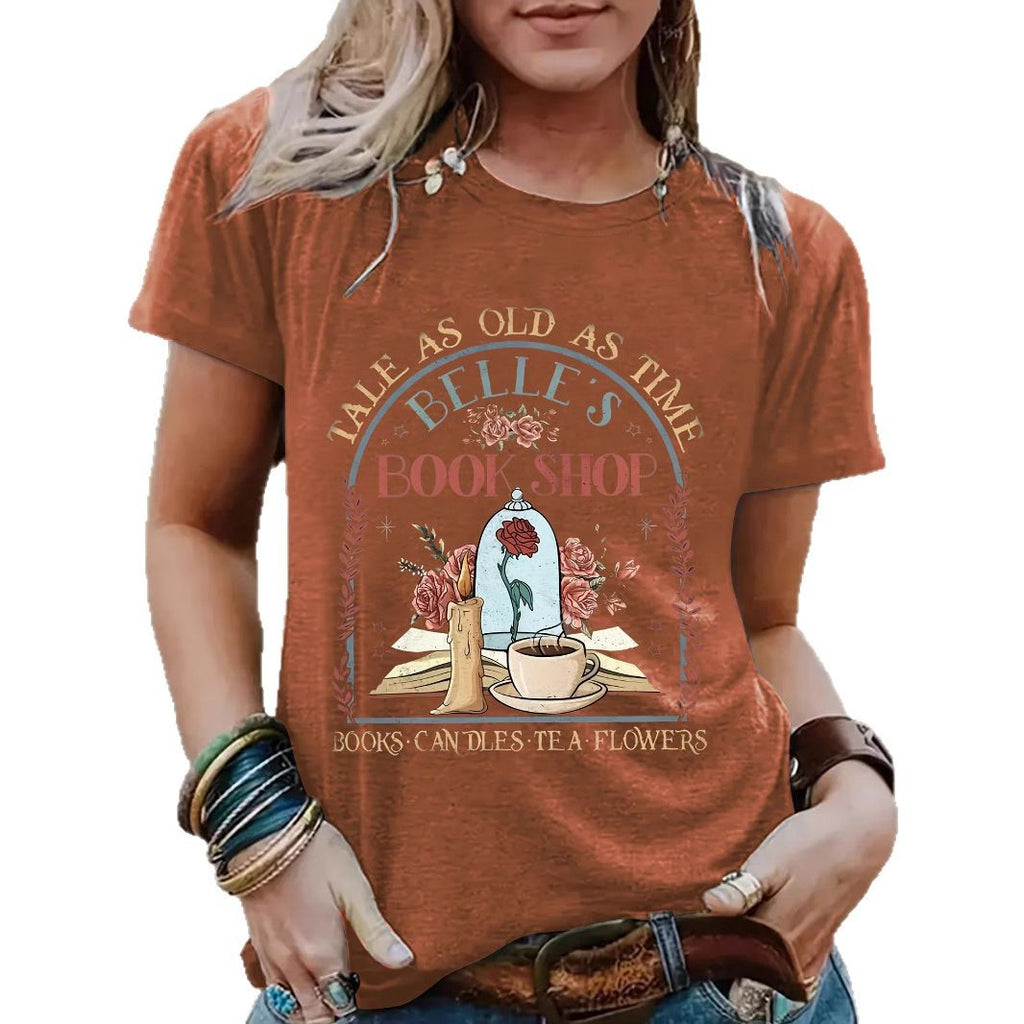 BOOK SHOP Printed New Round Neck Loose Short Sleeve