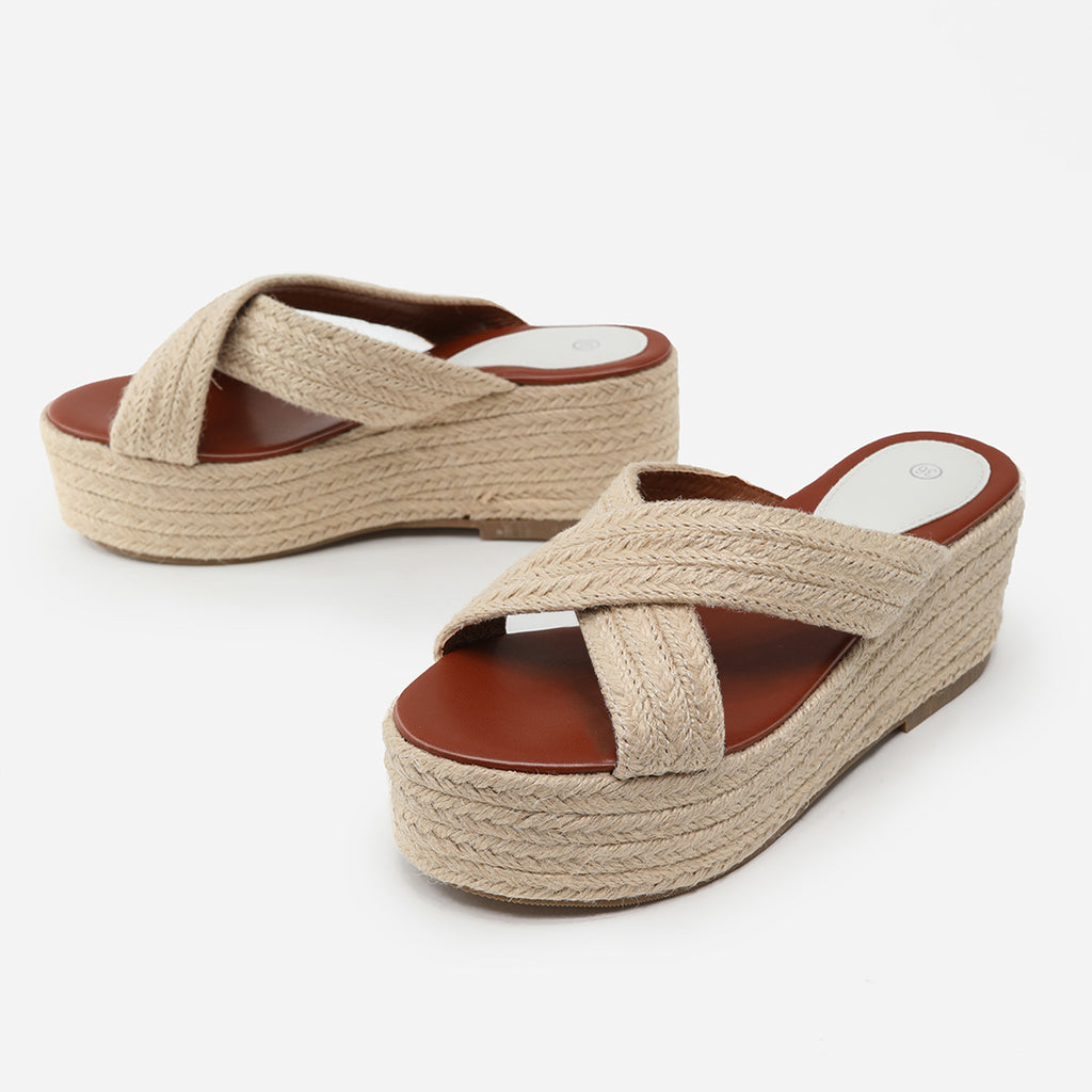 Thick Sole Hemp Rope Wedge Heel Plus Size Women's Shoes Summer Cross Strap Flat Sandals Women Plus Size