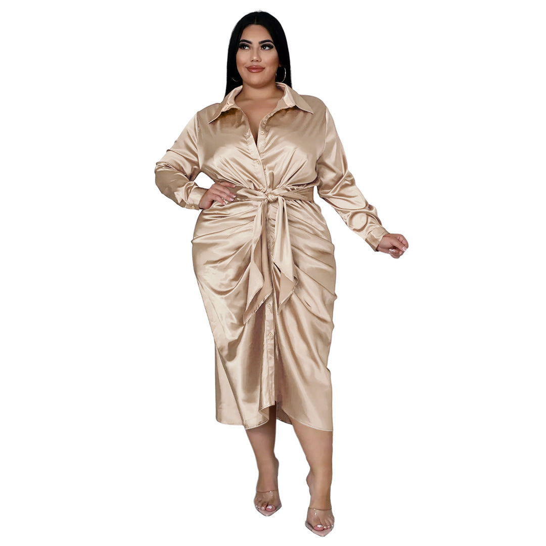 Plus Size Women's Nightclub Wear Reflective Silk Pleated Tie Shirt Dress