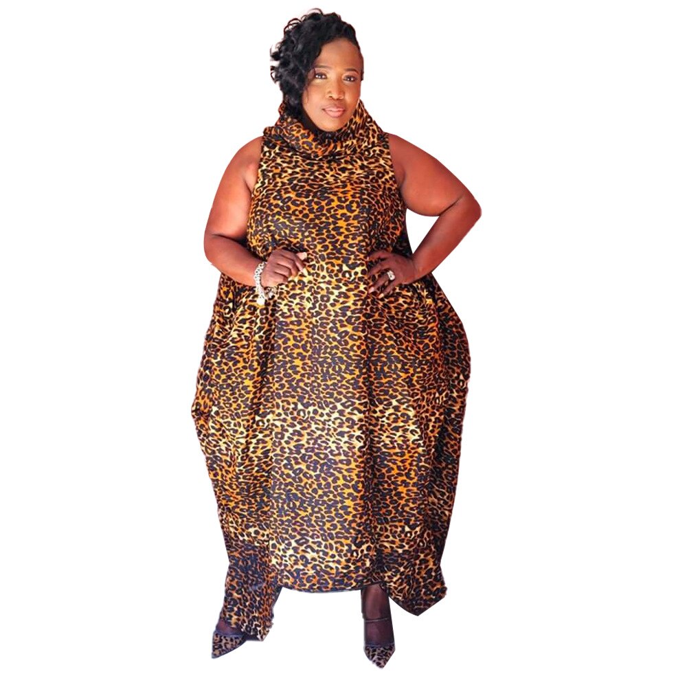 Plus Size Women Irregular Loose Dresses Turtleneck Summer Tank Maxi Long Dress Printed