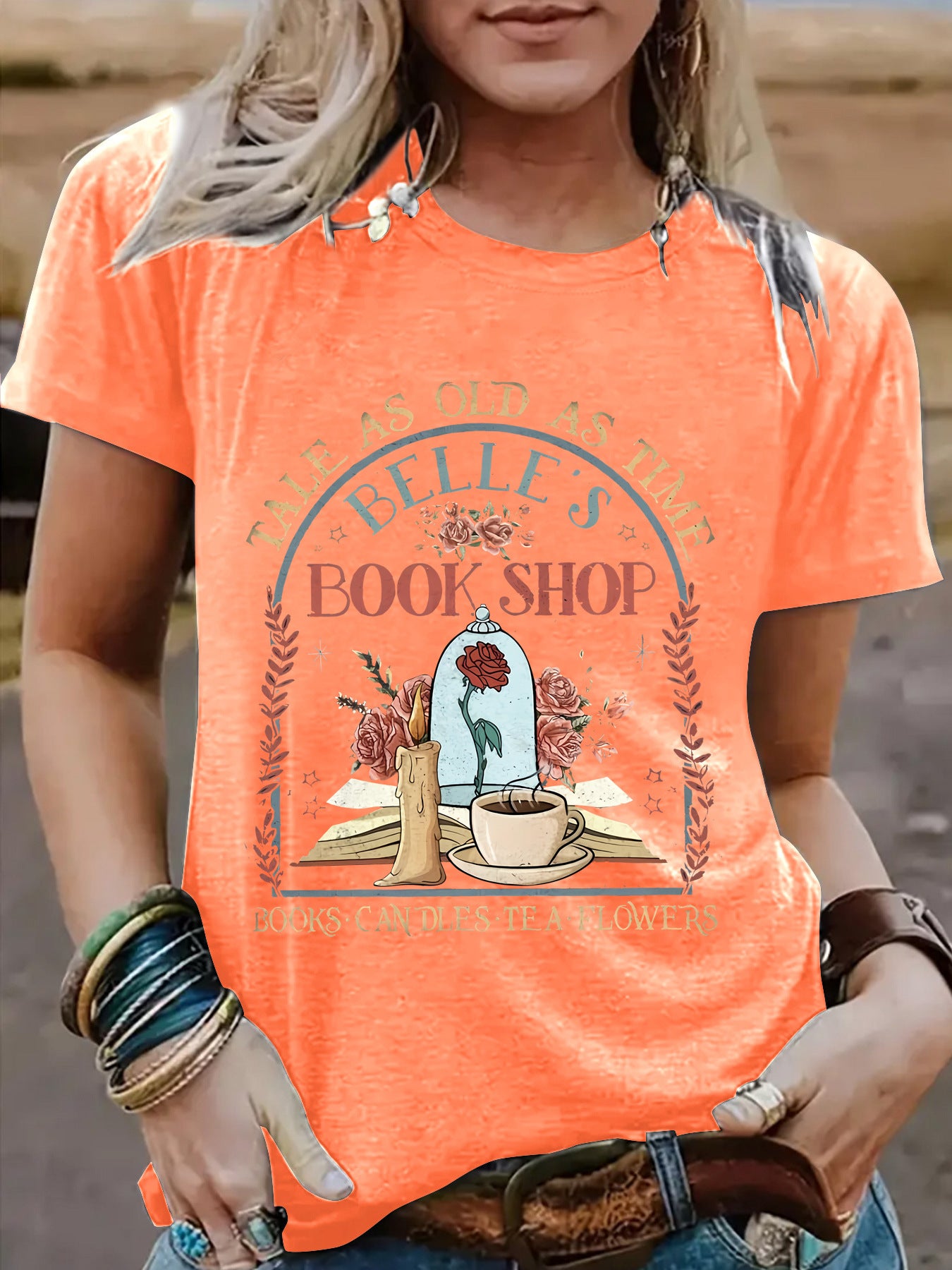BOOK SHOP Printed New Round Neck Loose Short Sleeve