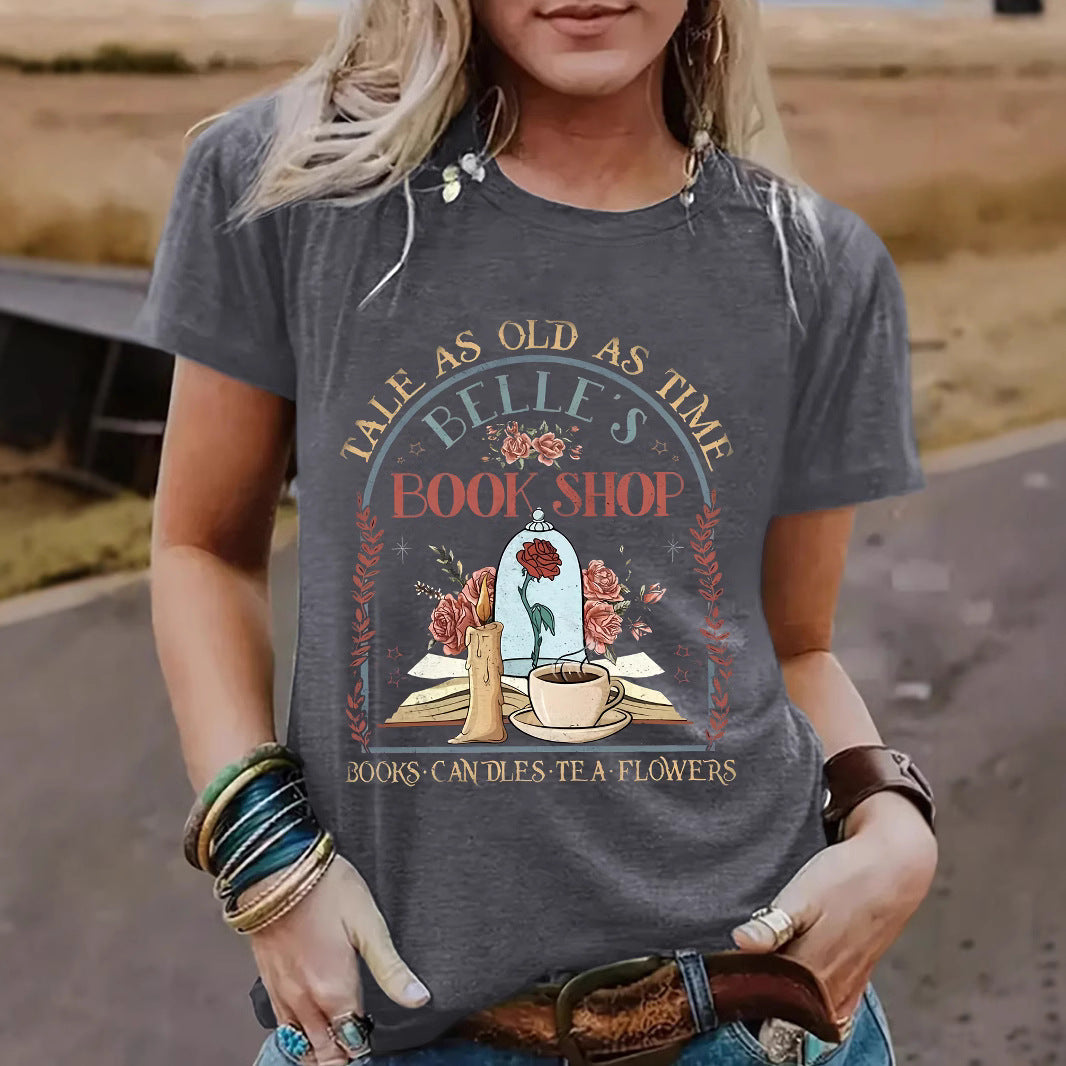 BOOK SHOP Printed New Round Neck Loose Short Sleeve