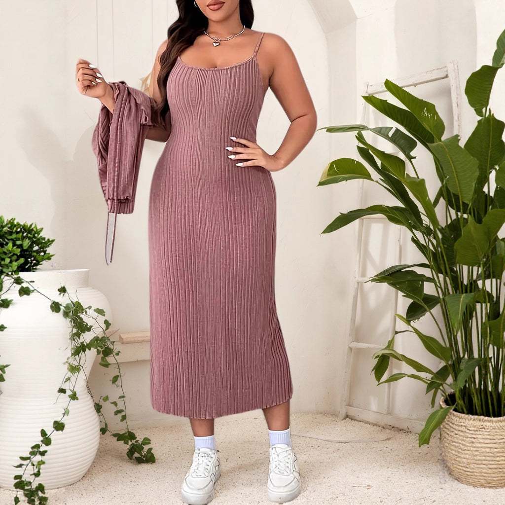Style Solid Color Belted Two-Piece Set for Women Plus Size Long Sleeve Dress + Jacket