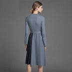 Elegant Lady Midi Dress Patchwork Striped Blue Flare Long Sleeve Office Lady Robe Dresses Autumn Winter Plus Size