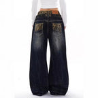 Plus Size Unique Design Leopard Print Double Waistband Patchwork Jeans