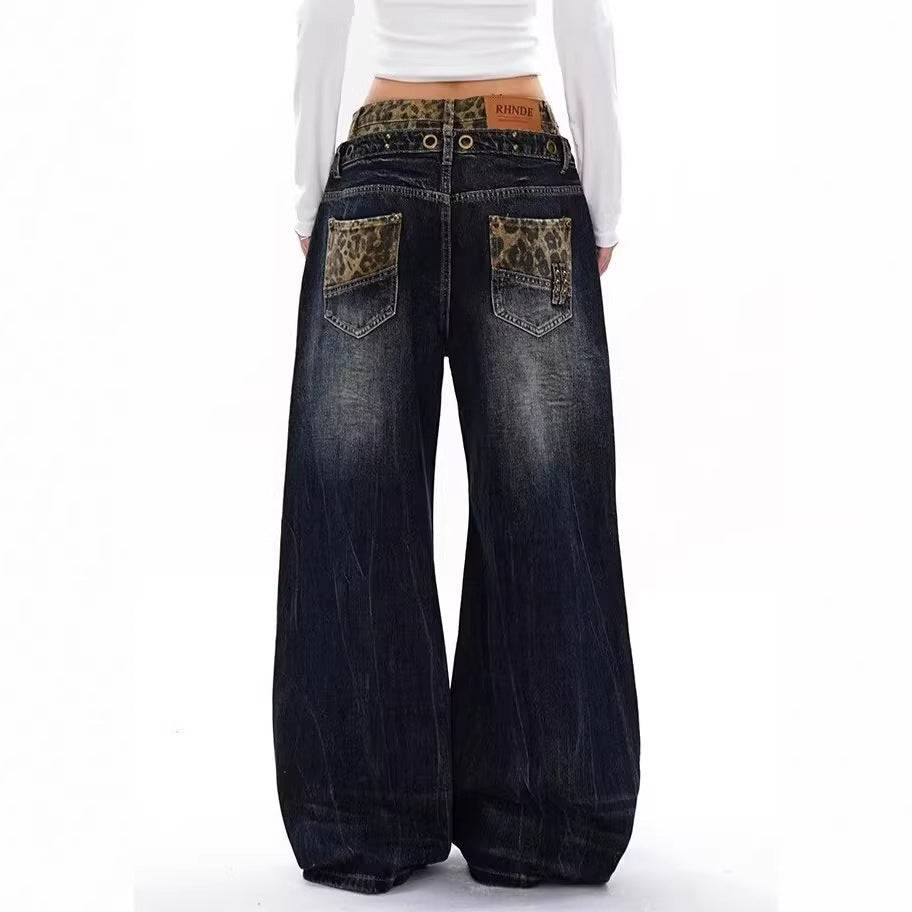 Plus Size Unique Design Leopard Print Double Waistband Patchwork Jeans