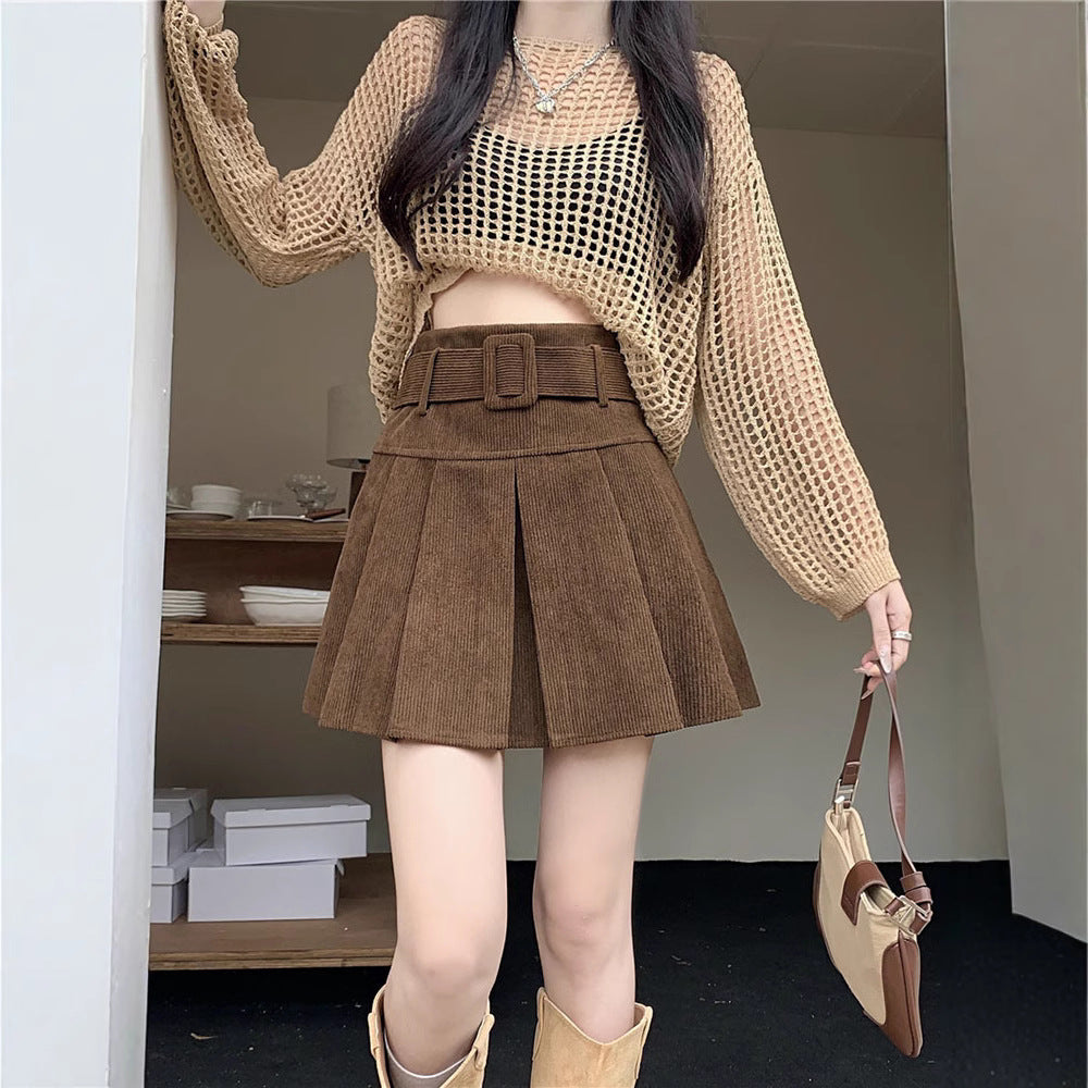 Big Size Corduroy A-Line Skirt for Women Spring New Style Chiffon Mini Skirt Plus Size Slimming Skirt