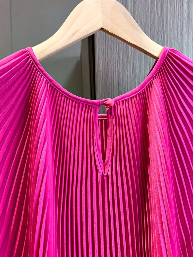 Elegant Pleated 2 Pieces Set Round Neck Batwing Sleeves Solid Tops High Elastic Waist Fold Skirts