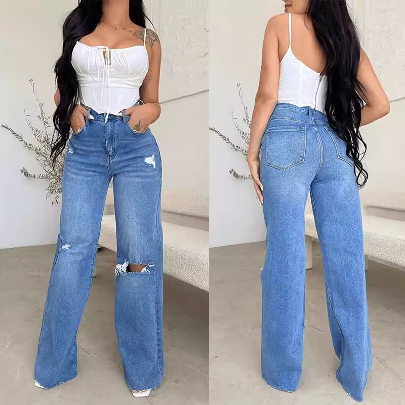 Women's Jeans Loose Casual High Waist Wide Leg Pants Fashion Street Ripped Plus Size Mom Denim Trousers  Ladies Pants
