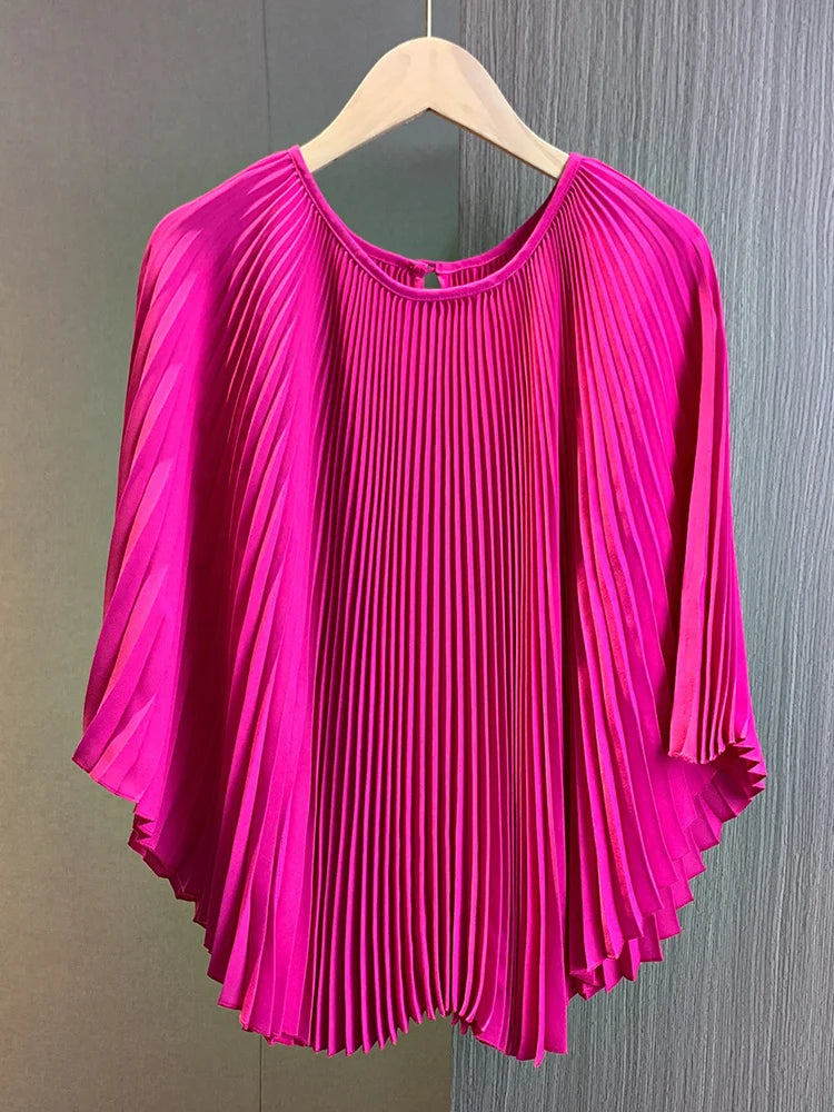 Elegant Pleated 2 Pieces Set Round Neck Batwing Sleeves Solid Tops High Elastic Waist Fold Skirts