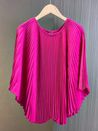Elegant Pleated 2 Pieces Set Round Neck Batwing Sleeves Solid Tops High Elastic Waist Fold Skirts