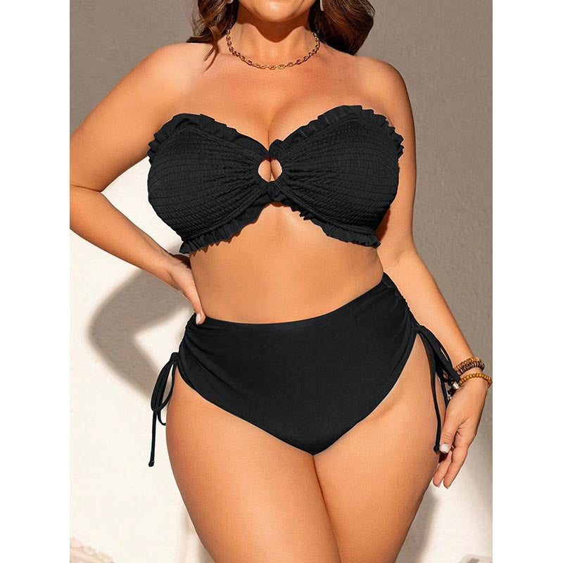 Solid color camisole gathers plus size swimsuit