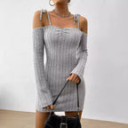 Women Clothing Adult Lady like Woman Lightly Mature Strap Sling Dress Autumn Winter Boat Collar Elegant Slim Fit