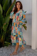 Sky Blue Mix Floral Checkered Pattern Bubble Sleeve Ruffle Hem Dress