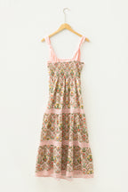 Pink Geometric Floral Print Striped Patchwork Detail Sleeveless Dress（Runs Small ）