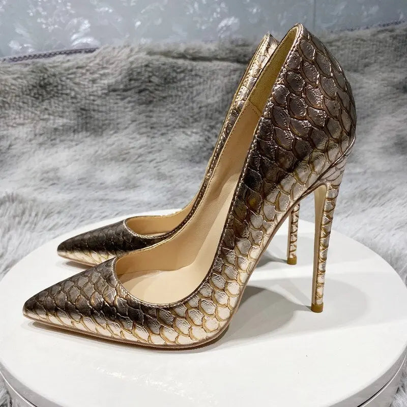 Tikicup Shiny Gold Crocodile Effect Women Pointy Stiletto Pumps Sexy Ladies Designer Party High Heel Shoes Plus Size 33-45 - Everyday Curves