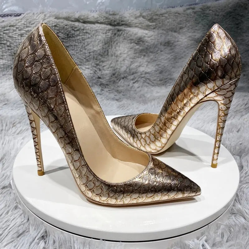Tikicup Shiny Gold Crocodile Effect Women Pointy Stiletto Pumps Sexy Ladies Designer Party High Heel Shoes Plus Size 33-45 - Everyday Curves