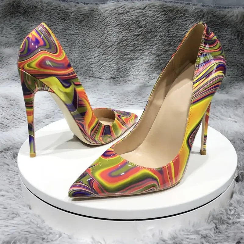 Art Painting Printed Women Partent Stiletto High Heels Customize Fashion Pumps Chic Ladies Party Shoes Plus Size 33-45 - Everyday Curves