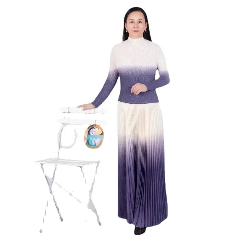Autumn Corn Pleated Long Sleeve T-shirt Loose Plus Size Skirt Casual Party Suit - Everyday Curves