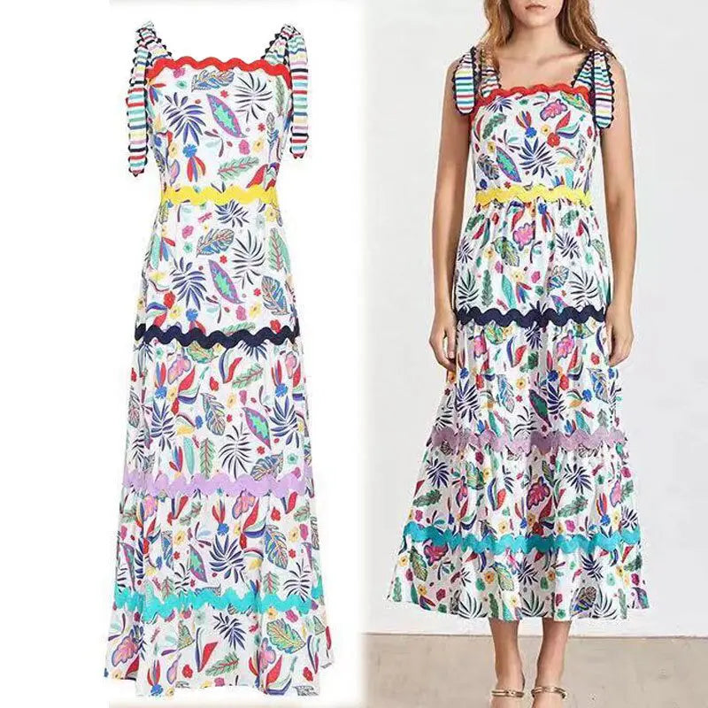 Designer Runway Summer Party Plus Size Long Dress Elegant Retro Flower Printed Spaghetti Strap Beach Dresses - Everyday Curves