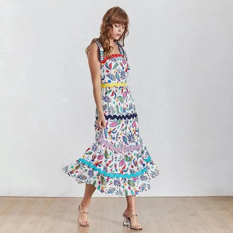 Designer Runway Summer Party Plus Size Long Dress Elegant Retro Flower Printed Spaghetti Strap Beach Dresses - Everyday Curves