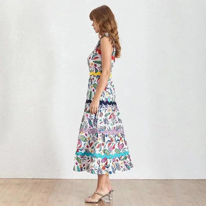 Designer Runway Summer Party Plus Size Long Dress Elegant Retro Flower Printed Spaghetti Strap Beach Dresses - Everyday Curves