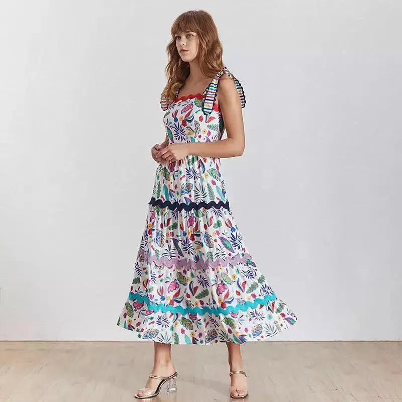 Designer Runway Summer Party Plus Size Long Dress Elegant Retro Flower Printed Spaghetti Strap Beach Dresses - Everyday Curves