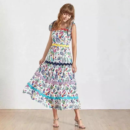 Designer Runway Summer Party Plus Size Long Dress Elegant Retro Flower Printed Spaghetti Strap Beach Dresses - Everyday Curves