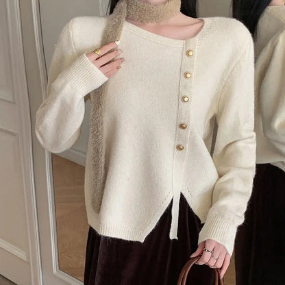 Chic style Single-Row Metal Button Crewneck Long Sleeve Knit Sweater for Women, Inner Layer or Outer Wear - Everyday Curves