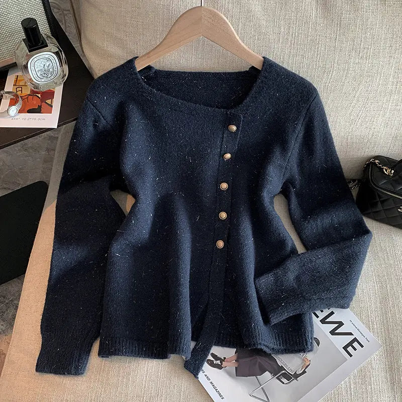 Chic style Single-Row Metal Button Crewneck Long Sleeve Knit Sweater for Women, Inner Layer or Outer Wear - Everyday Curves