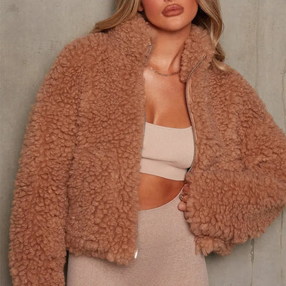 Fall Winter Fluffy Fleece Coats and Jackets Plus Size Zipper Cardigan Long Sleeve Overcoats Warm Jackets Lambswool - Everyday Curves
