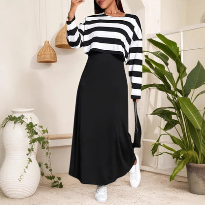 Elegant Long Dress Set with Striped Top and Dress for Women, Plus Size Fashion Two-Piece Outfit - Everyday Curves
