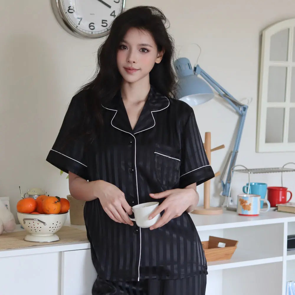 Striped Ice Silk Sleepwear for Women, Summer Short Sleeve Long Pants, High-End Lady&
