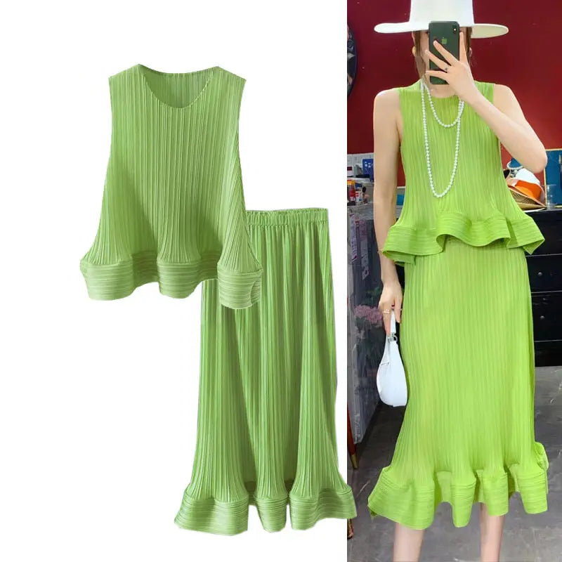 Women Fashion Summer 2 Pieces Set Pleated Sleeveless Tops &amp; Elastic Waist Ruffles Hem Skirt Sets Dress Set Outfits Traf - Everyday Curves