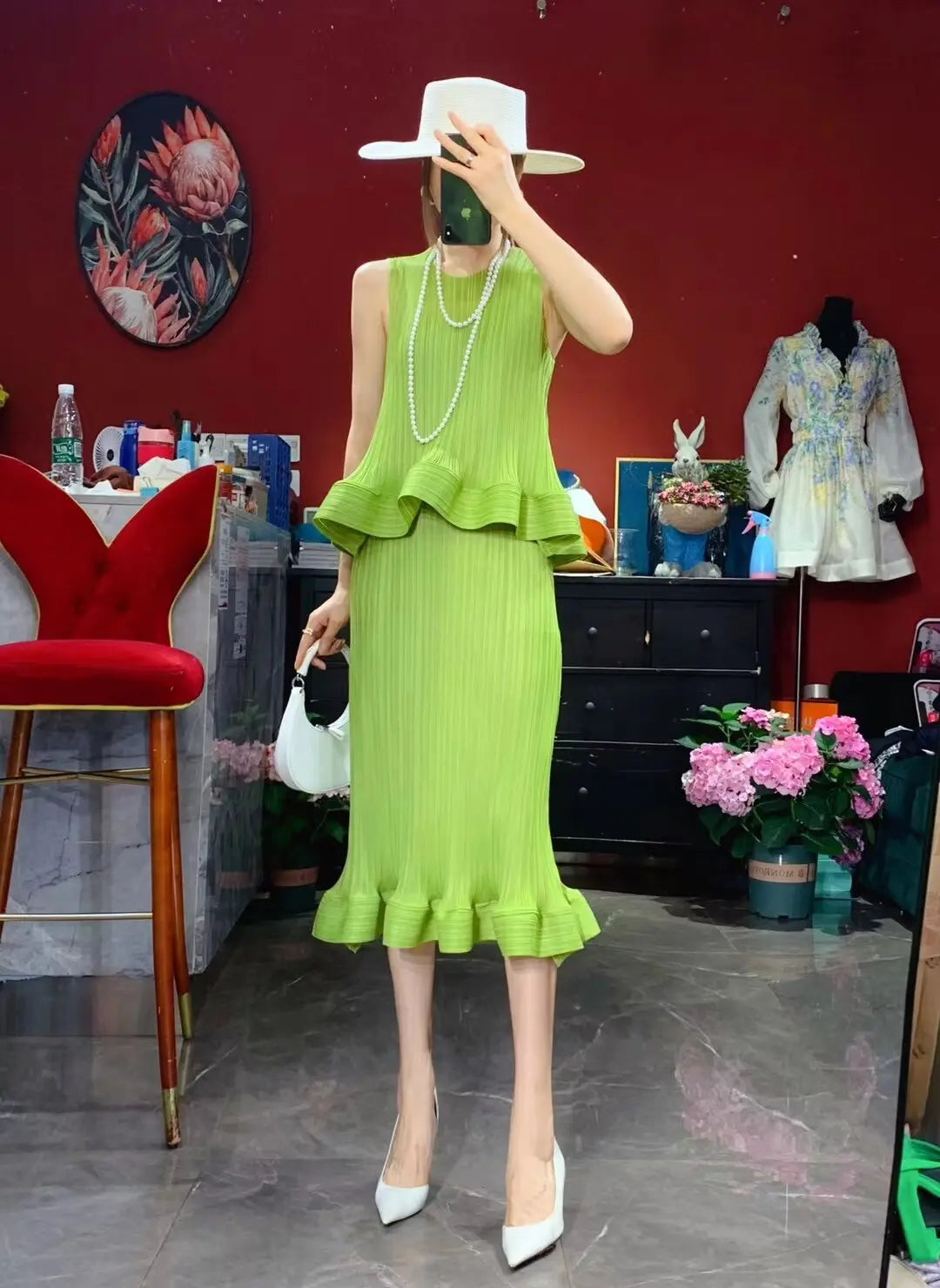 Women Fashion Summer 2 Pieces Set Pleated Sleeveless Tops &amp; Elastic Waist Ruffles Hem Skirt Sets Dress Set Outfits Traf - Everyday Curves
