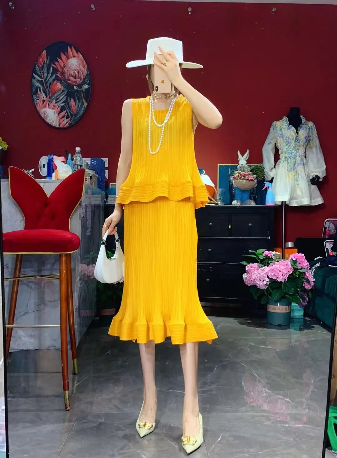 Women Fashion Summer 2 Pieces Set Pleated Sleeveless Tops &amp; Elastic Waist Ruffles Hem Skirt Sets Dress Set Outfits Traf - Everyday Curves