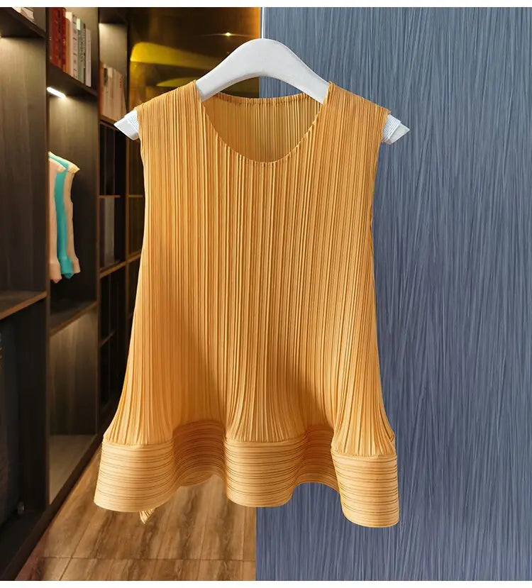 Women Fashion Summer 2 Pieces Set Pleated Sleeveless Tops &amp; Elastic Waist Ruffles Hem Skirt Sets Dress Set Outfits Traf - Everyday Curves