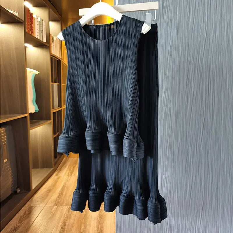 Women Fashion Summer 2 Pieces Set Pleated Sleeveless Tops &amp; Elastic Waist Ruffles Hem Skirt Sets Dress Set Outfits Traf - Everyday Curves
