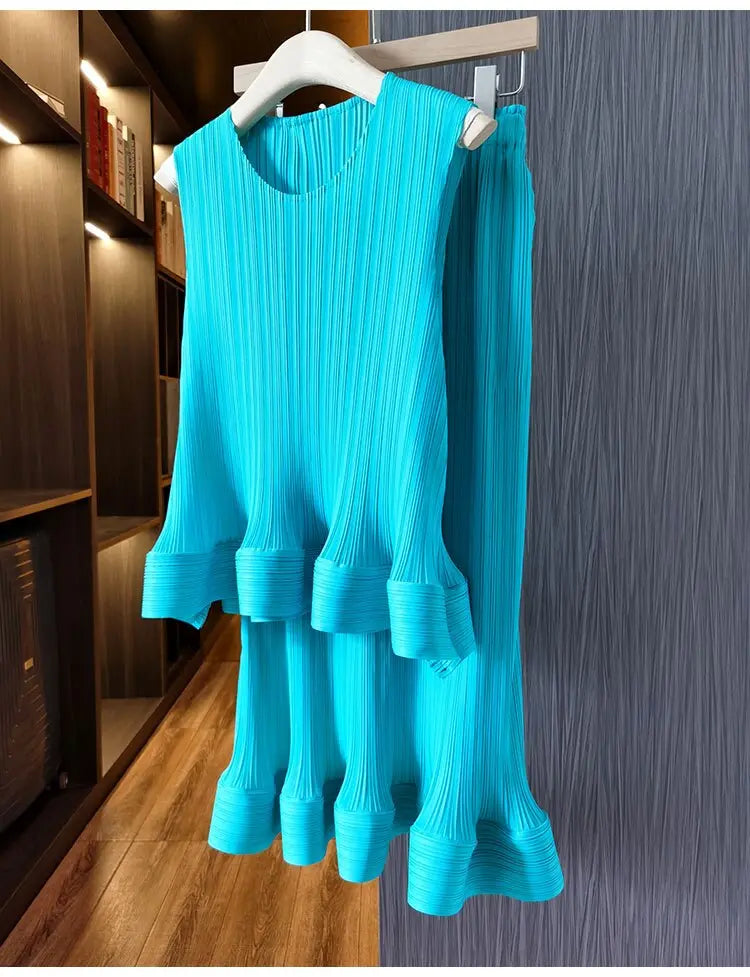 Women Fashion Summer 2 Pieces Set Pleated Sleeveless Tops &amp; Elastic Waist Ruffles Hem Skirt Sets Dress Set Outfits Traf - Everyday Curves