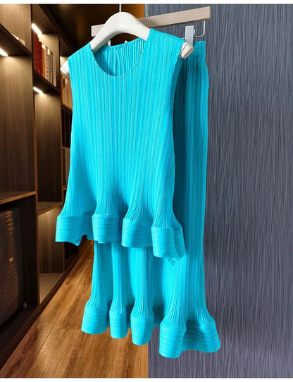 Women Fashion Summer 2 Pieces Set Pleated Sleeveless Tops &amp; Elastic Waist Ruffles Hem Skirt Sets Dress Set Outfits Traf - Everyday Curves