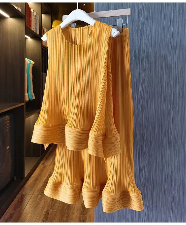 Women Fashion Summer 2 Pieces Set Pleated Sleeveless Tops &amp; Elastic Waist Ruffles Hem Skirt Sets Dress Set Outfits Traf - Everyday Curves