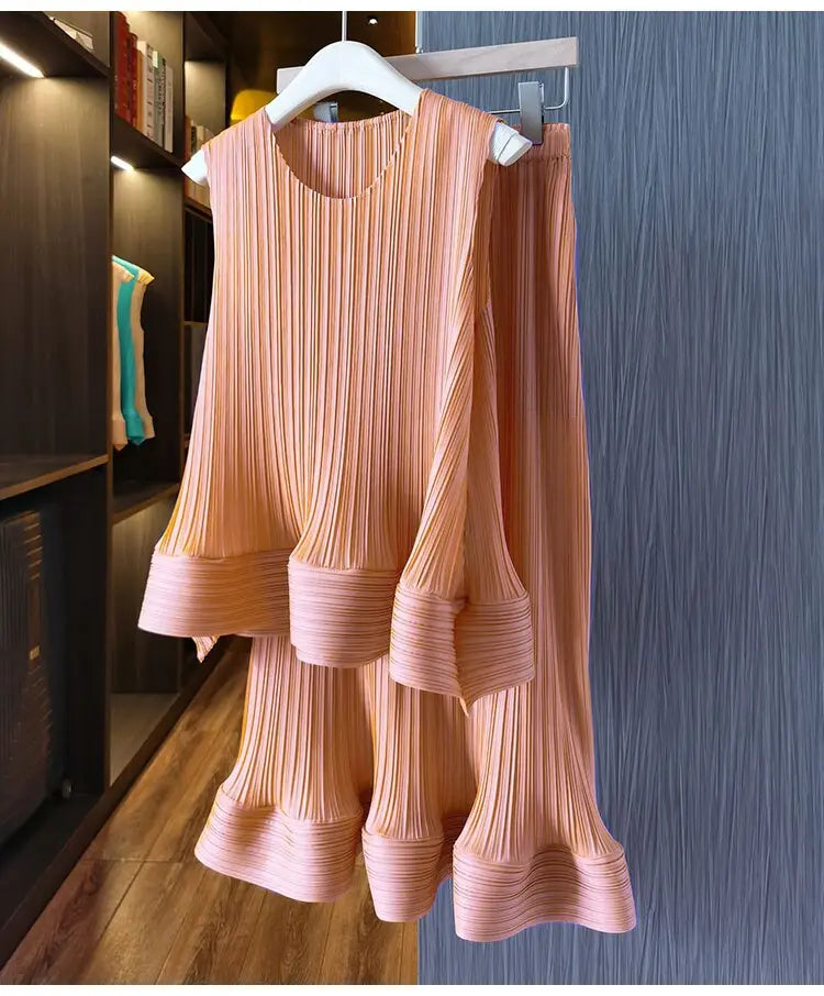 Women Fashion Summer 2 Pieces Set Pleated Sleeveless Tops &amp; Elastic Waist Ruffles Hem Skirt Sets Dress Set Outfits Traf - Everyday Curves