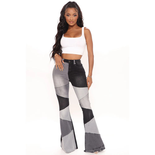 Autumn European and American women's clothing plus size elastic denim wide leg fashionable patchwork jeans for women - Everyday Curves