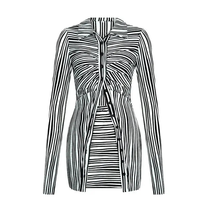 Fashion Slim Stripe Button Short Skirts Two Pieces Set Women Street Style Skinny Hip Skirt Ladies Outfits Matching Sets - Everyday Curves