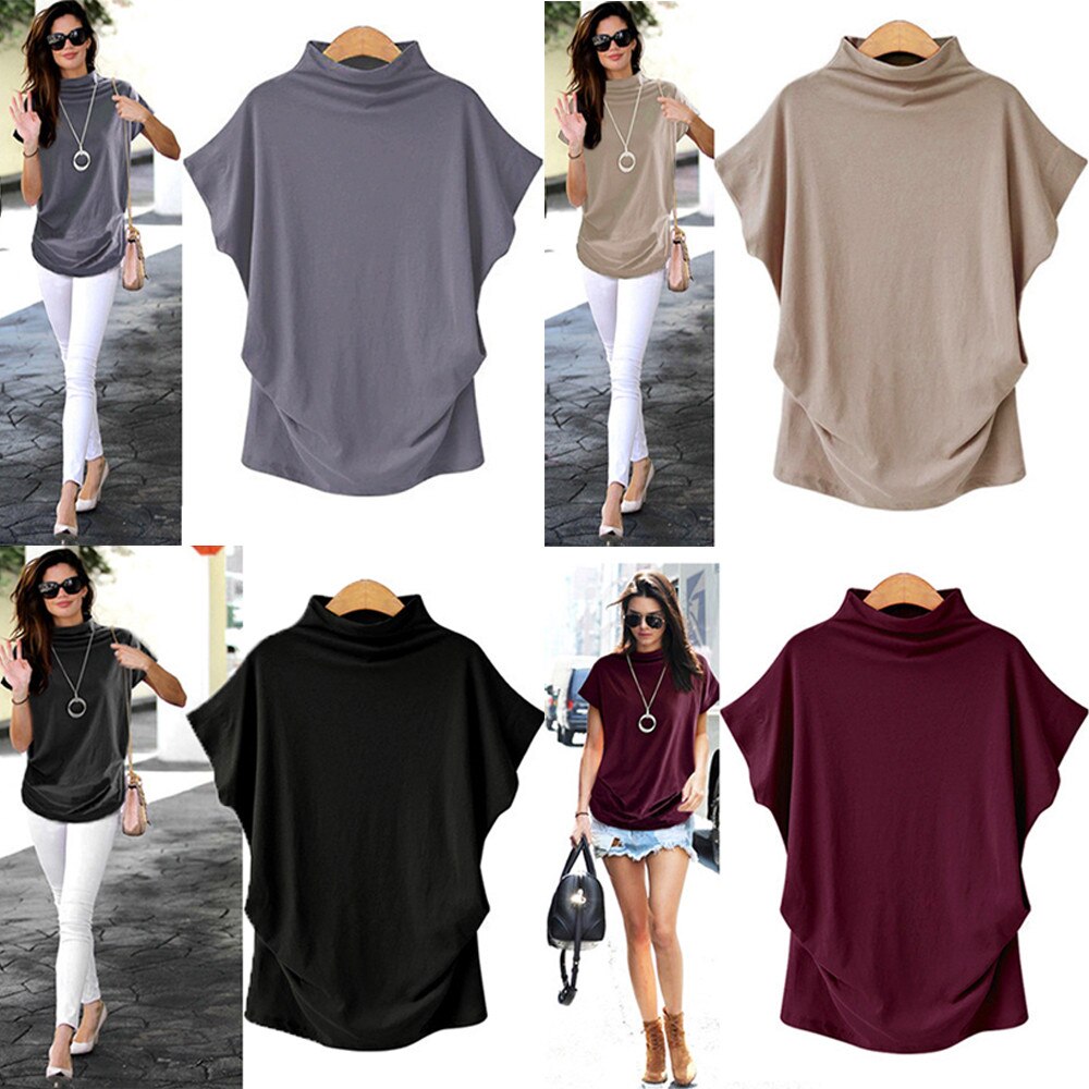 In store Summer Turtleneck T Shirt Women Short Sleeve Solid Tshirt Fashion T-Shirt Plus Size Loose Ladies Tops футболка женск - Everyday Curves