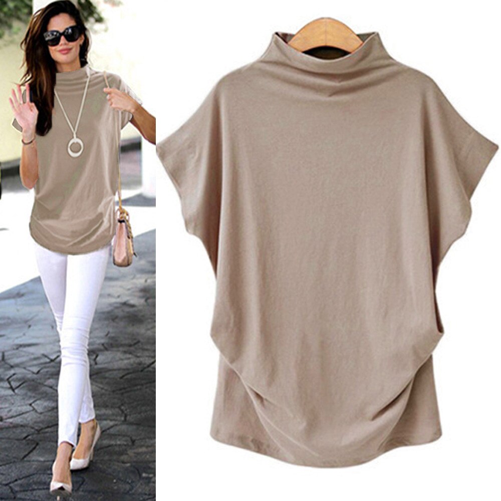In store Summer Turtleneck T Shirt Women Short Sleeve Solid Tshirt Fashion T-Shirt Plus Size Loose Ladies Tops футболка женск - Everyday Curves