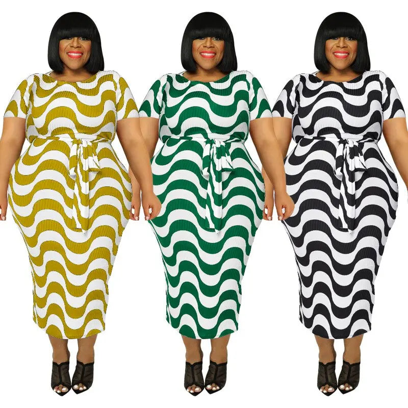 Fashion Short Sleeve Striped Print Bandage Bodycon Casual Dresses Summer Plus Size Women&