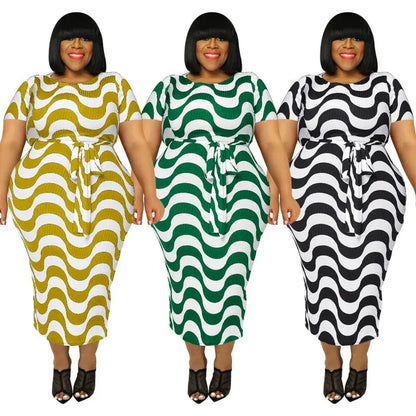 Fashion Short Sleeve Striped Print Bandage Bodycon Casual Dresses Summer Plus Size Women&