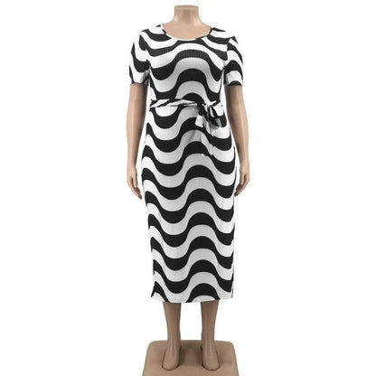 Fashion Short Sleeve Striped Print Bandage Bodycon Casual Dresses Summer Plus Size Women&